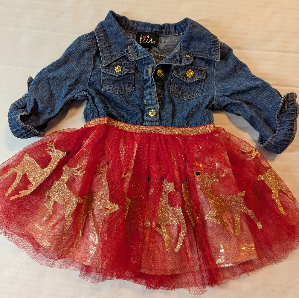 Infants Denim and Red Tulle Dress with Gold Reindeer Size 12 Months